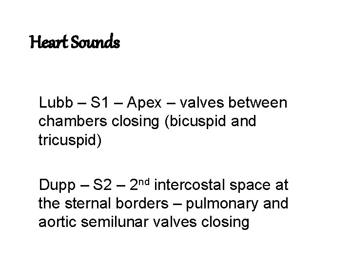Heart Sounds Lubb – S 1 – Apex – valves between chambers closing (bicuspid