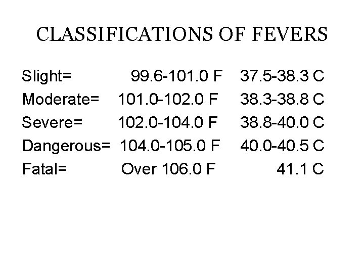 CLASSIFICATIONS OF FEVERS Slight= Moderate= Severe= Dangerous= Fatal= 99. 6 -101. 0 F 101.