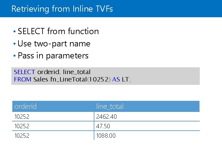 Retrieving from Inline TVFs • SELECT from function • Use two-part name • Pass