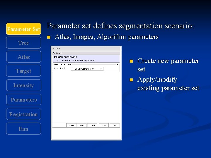 Parameter Set Tree Atlas Parameter set defines segmentation scenario: n Atlas, Images, Algorithm parameters