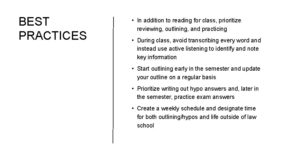 BEST PRACTICES • In addition to reading for class, prioritize reviewing, outlining, and practicing