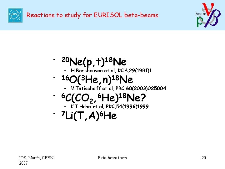 Reactions to study for EURISOL beta-beams • 20 Ne(p, t)18 Ne – H. Backhausen