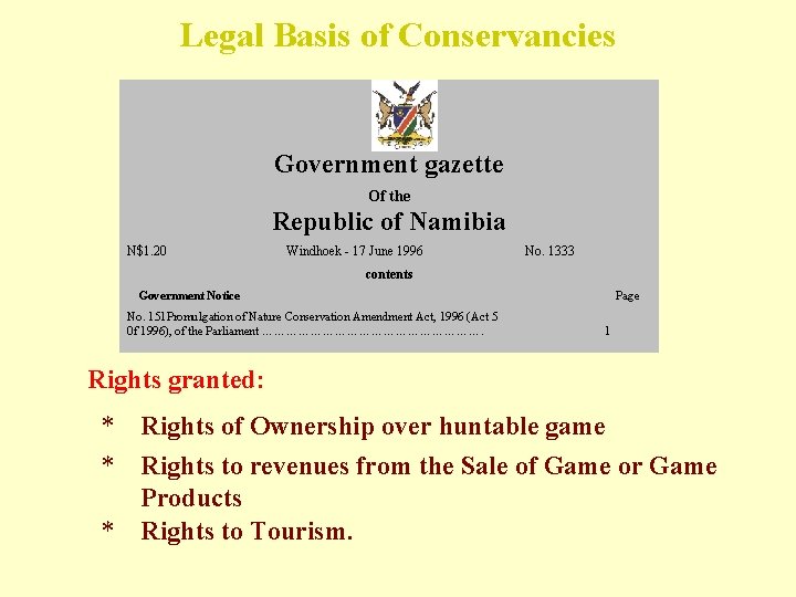 Legal Basis of Conservancies Government gazette Of the Republic of Namibia N$1. 20 Windhoek