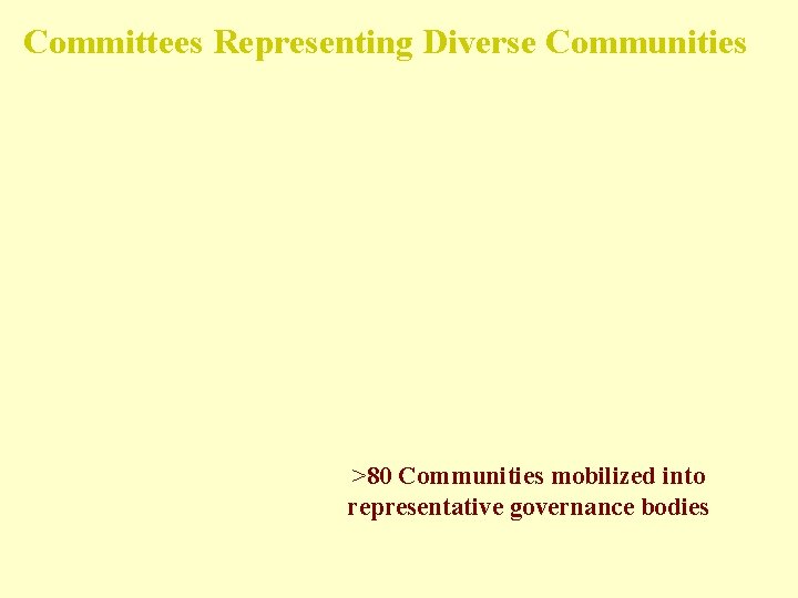 Committees Representing Diverse Communities >80 Communities mobilized into representative governance bodies 