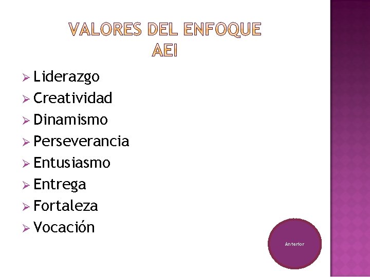 Ø Liderazgo Ø Creatividad Ø Dinamismo Ø Perseverancia Ø Entusiasmo Ø Entrega Ø Fortaleza