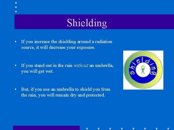 Shielding • If you increase the shielding around a radiation source, it will decrease