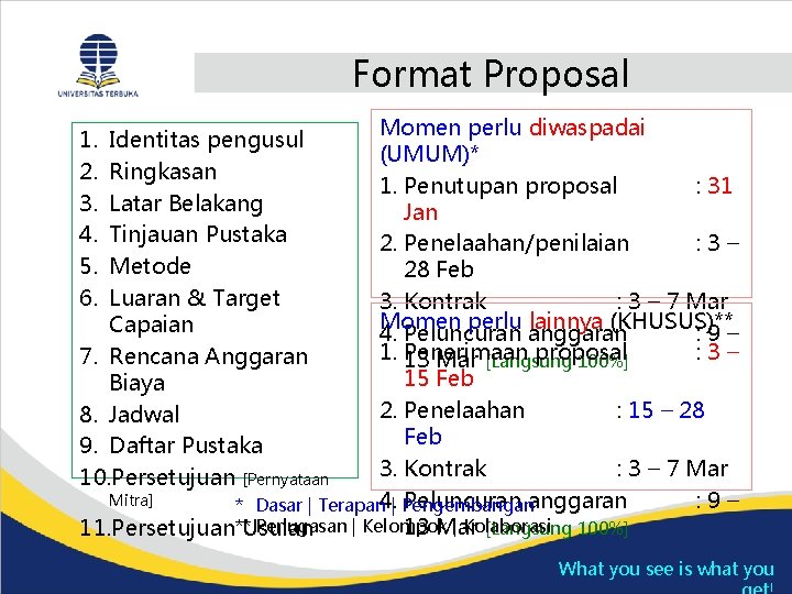 Format Proposal Momen perlu diwaspadai (UMUM)* 1. Penutupan proposal : 31 Jan 2. Penelaahan/penilaian