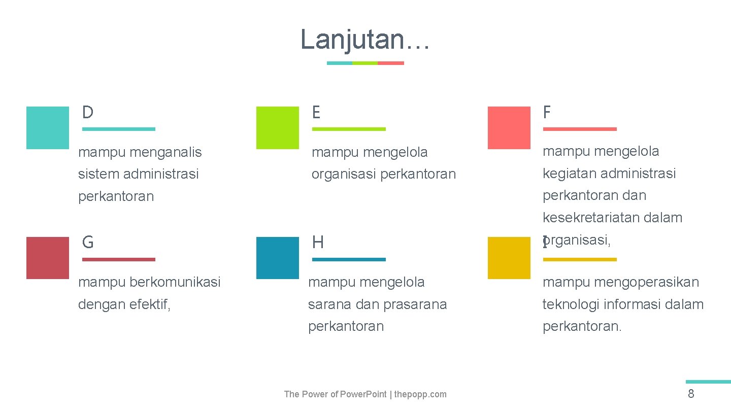 Lanjutan… D E F mampu menganalis mampu mengelola sistem administrasi organisasi perkantoran kegiatan administrasi