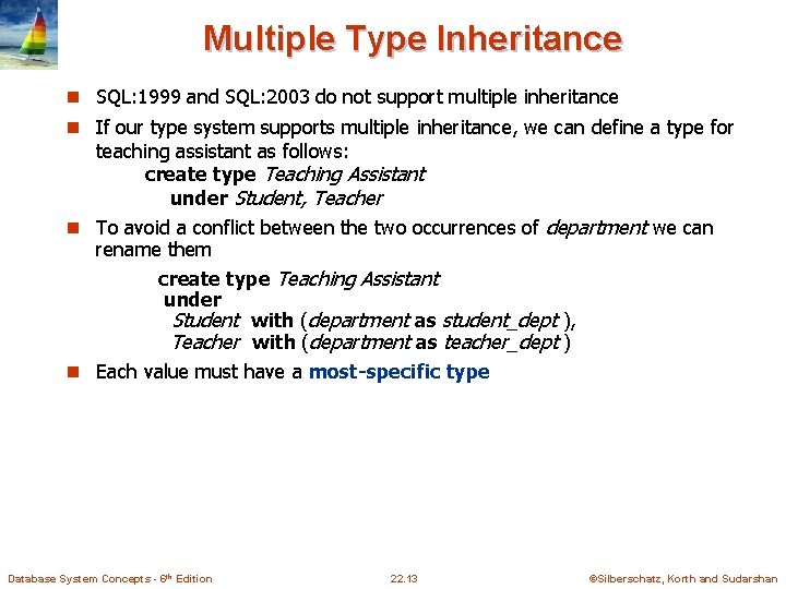 Multiple Type Inheritance n SQL: 1999 and SQL: 2003 do not support multiple inheritance