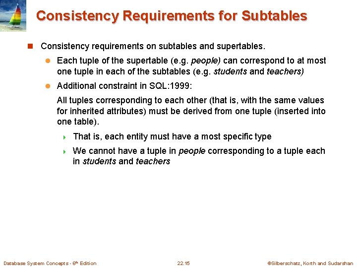Consistency Requirements for Subtables n Consistency requirements on subtables and supertables. l Each tuple