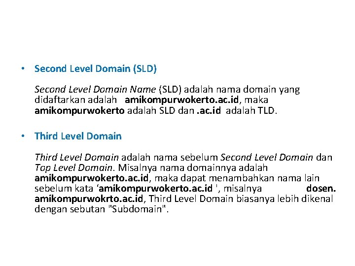  • Second Level Domain (SLD) Second Level Domain Name (SLD) adalah nama domain