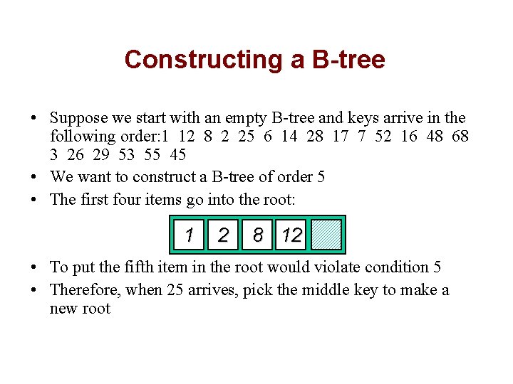 Constructing a B-tree • Suppose we start with an empty B-tree and keys arrive