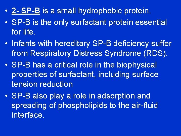  • 2 - SP-B is a small hydrophobic protein. • SP-B is the
