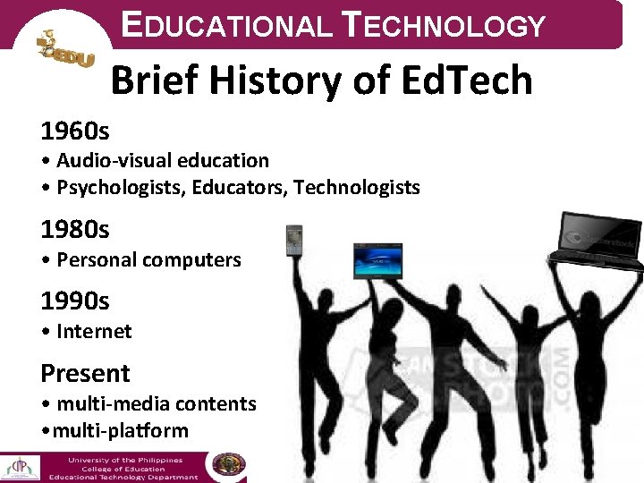 EDUCATIONAL TECHNOLOGY Brief History of Ed. Tech 1960 s • Audio-visual education • Psychologists,