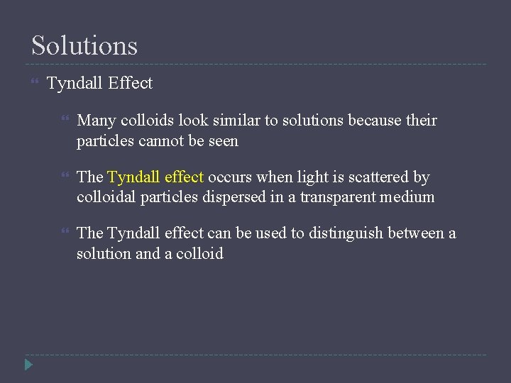 Solutions Tyndall Effect Many colloids look similar to solutions because their particles cannot be