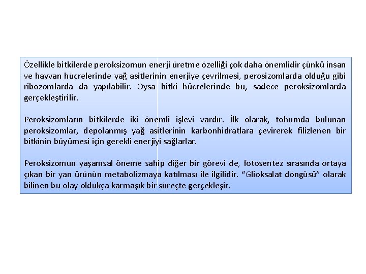 Özellikle bitkilerde peroksizomun enerji üretme özelliği çok daha önemlidir çünkü insan ve hayvan hücrelerinde