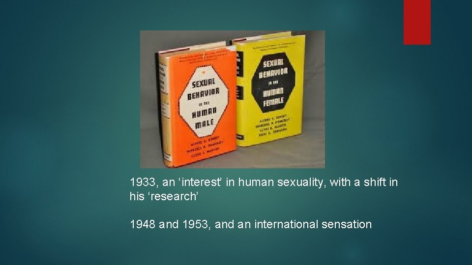 1933, an ‘interest’ in human sexuality, with a shift in his ‘research’ 1948 and