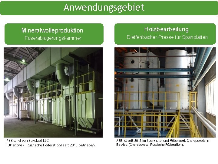 Anwendungsgebiet Mineralwolleproduktion Holzbearbeitung Faserablagerungskammer Dieffenbacher-Presse für Spanplatten ABB wird von Euroizol LLC (Uljanowsk, Russische