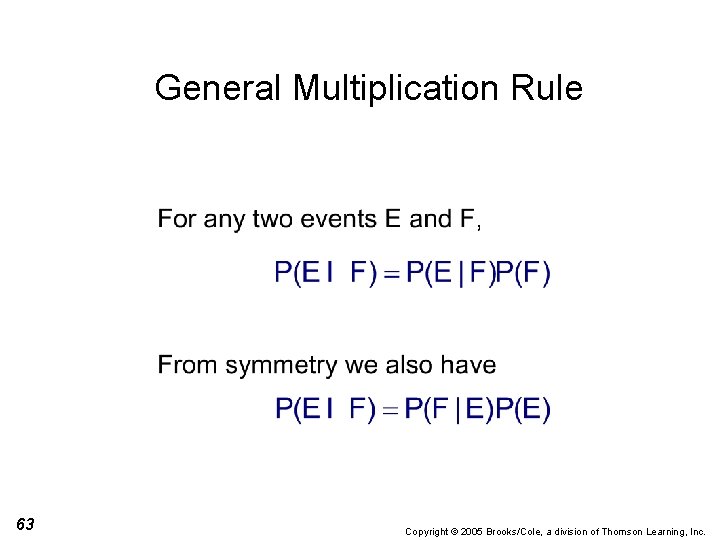 General Multiplication Rule 63 Copyright © 2005 Brooks/Cole, a division of Thomson Learning, Inc.