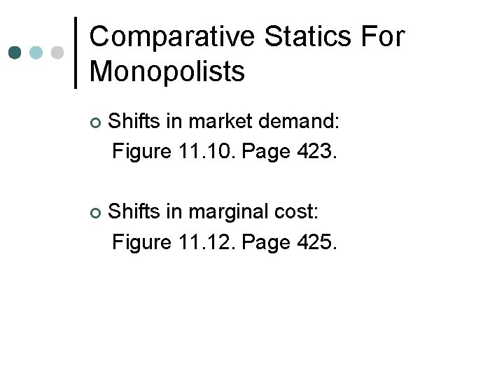 Comparative Statics For Monopolists ¢ Shifts in market demand: Figure 11. 10. Page 423.