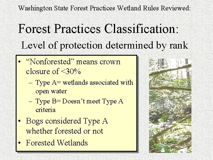 Washington State Forest Practices Wetland Rules Reviewed: Forest Practices Classification: Level of protection determined