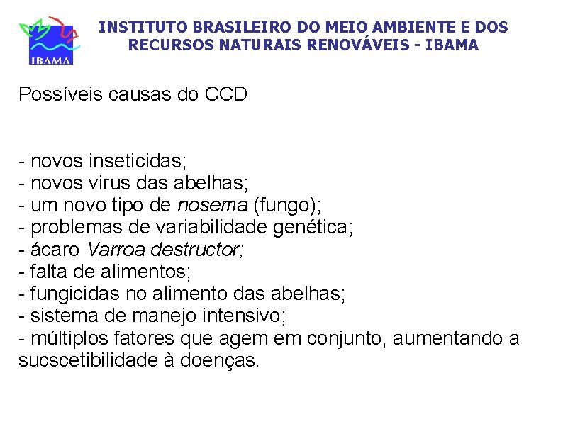 INSTITUTO BRASILEIRO DO MEIO AMBIENTE E DOS RECURSOS NATURAIS RENOVÁVEIS - IBAMA Possíveis causas