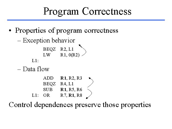 Program Correctness • Properties of program correctness – Exception behavior BEQZ R 2, L