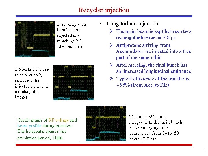 Recycler injection Four antiproton bunches are injected into matching 2. 5 MHz buckets 2.