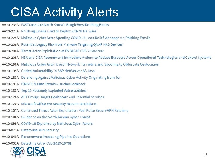 CISA Activity Alerts 36 