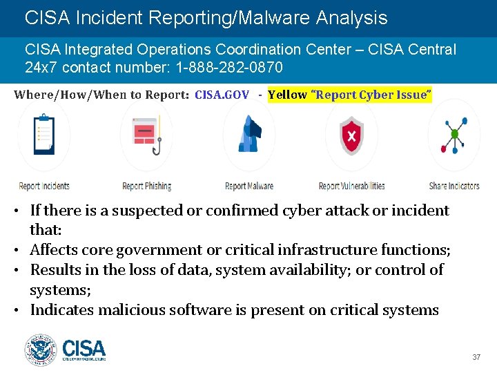 CISA Incident Reporting/Malware Analysis CISA Integrated Operations Coordination Center – CISA Central 24 x