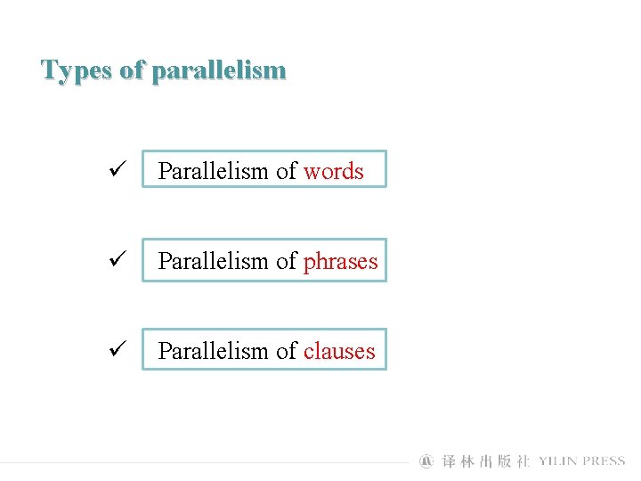 Types of parallelism ü Parallelism of words ü Parallelism of phrases ü Parallelism of