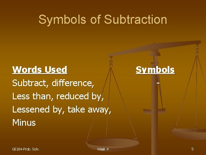 Symbols of Subtraction Words Used Subtract, difference, Less than, reduced by, Lessened by, take