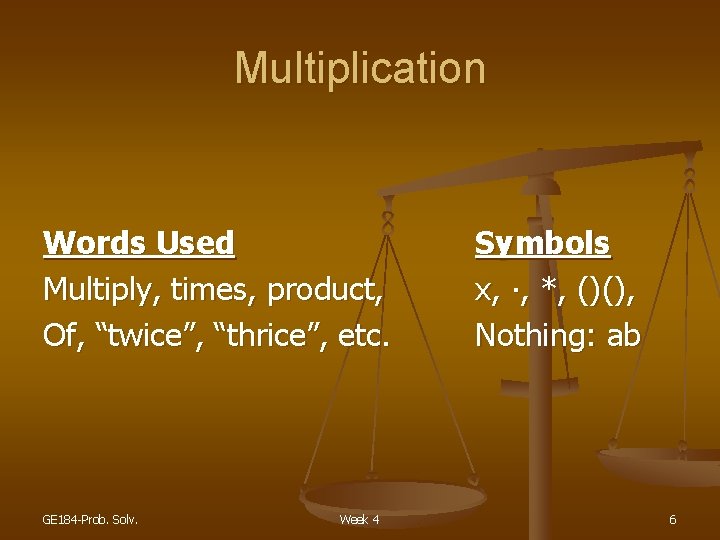 Multiplication Words Used Multiply, times, product, Of, “twice”, “thrice”, etc. GE 184 -Prob. Solv.