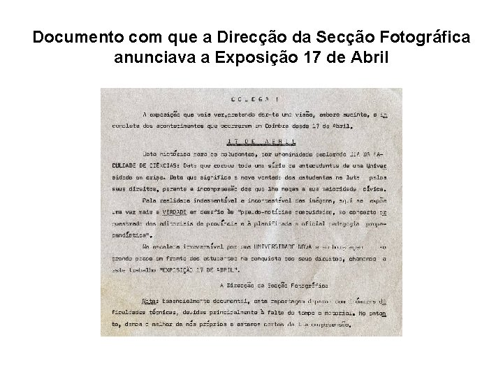 Documento com que a Direcção da Secção Fotográfica anunciava a Exposição 17 de Abril