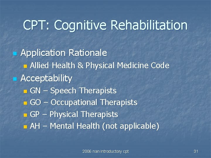 CPT: Cognitive Rehabilitation n Application Rationale n n Allied Health & Physical Medicine Code