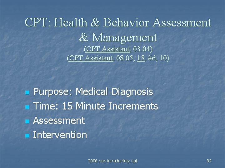 CPT: Health & Behavior Assessment & Management (CPT Assistant, 03. 04) (CPT Assistant, 08.