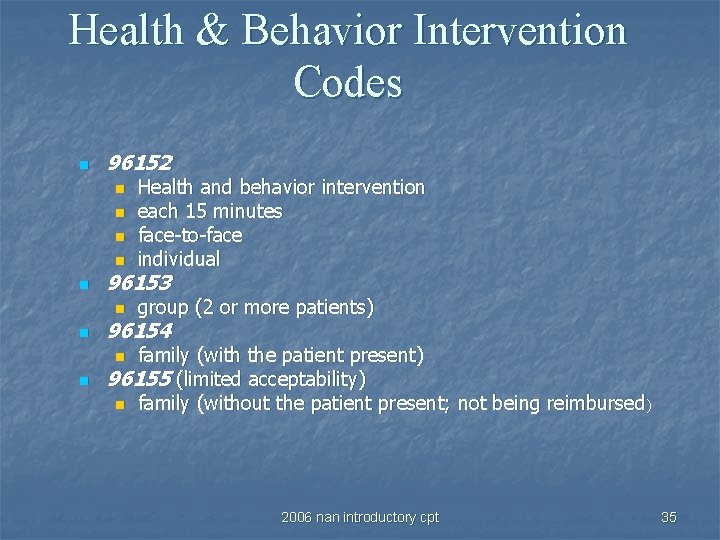 Health & Behavior Intervention Codes n 96152 n Health and behavior intervention each 15