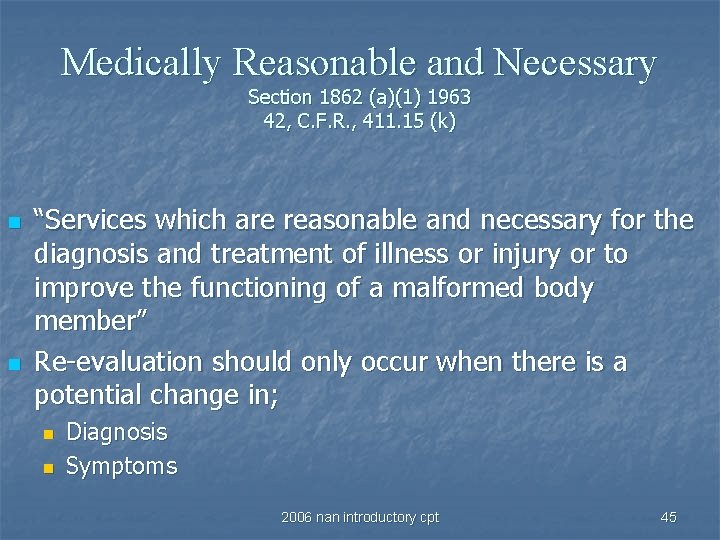 Medically Reasonable and Necessary Section 1862 (a)(1) 1963 42, C. F. R. , 411.