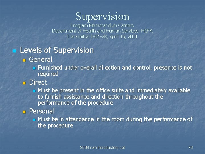 Supervision Program Memorandum Carriers Department of Health and Human Services- HCFA Transmittal b-01 -28;