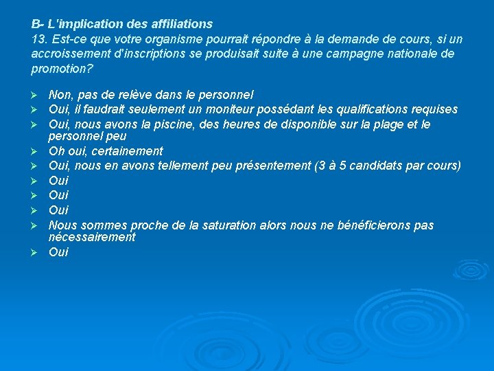 B- L'implication des affiliations 13. Est-ce que votre organisme pourrait répondre à la demande