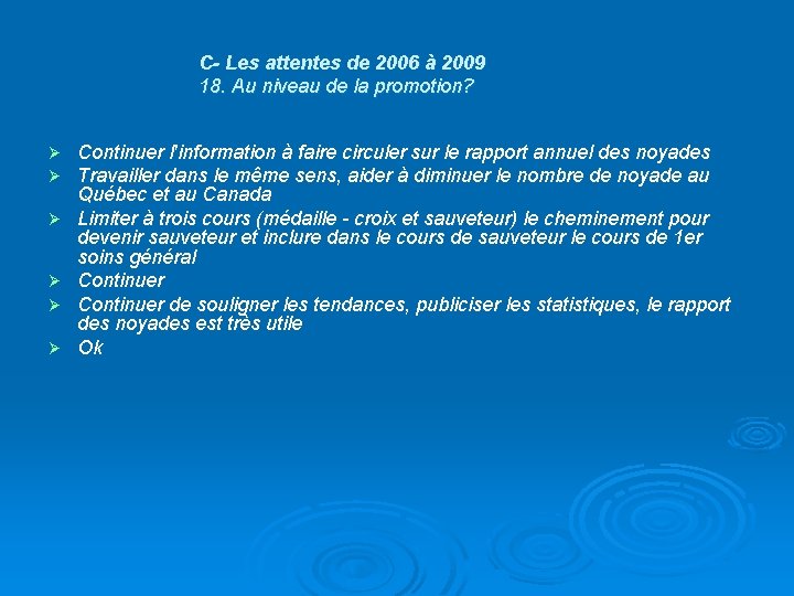 C- Les attentes de 2006 à 2009 18. Au niveau de la promotion? Ø