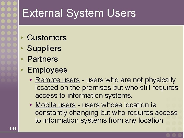 External System Users • • Customers Suppliers Partners Employees • Remote users - users