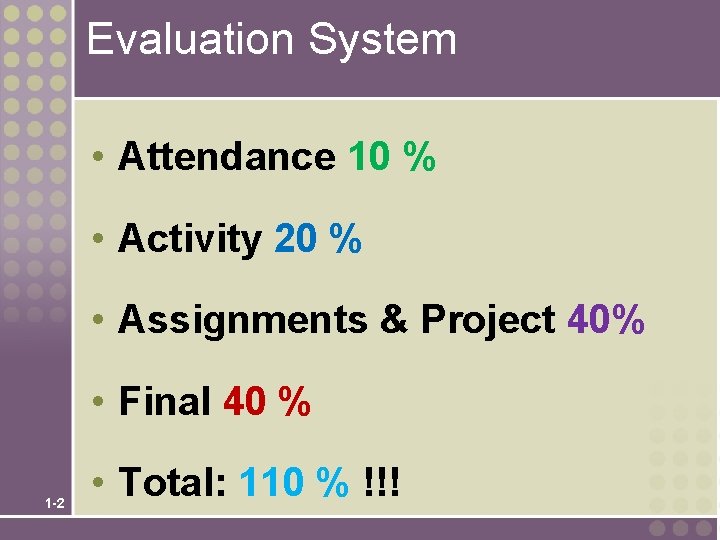 Evaluation System • Attendance 10 % • Activity 20 % • Assignments & Project