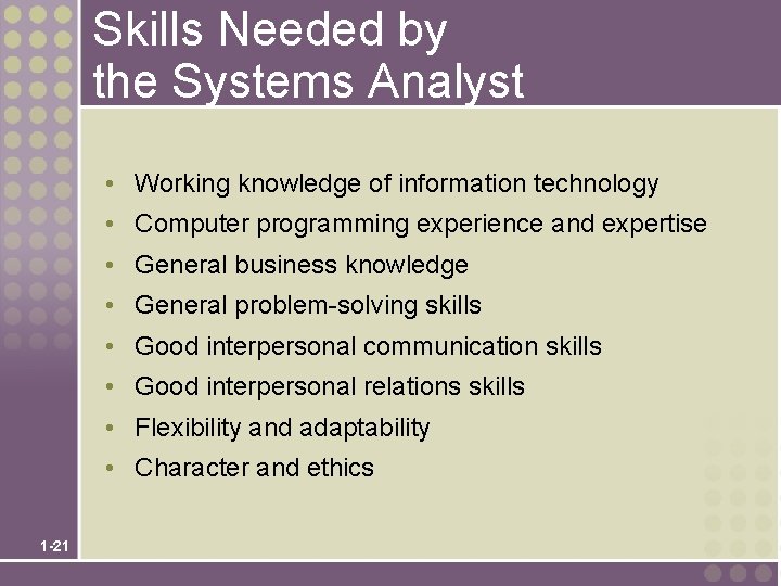Skills Needed by the Systems Analyst • Working knowledge of information technology • Computer