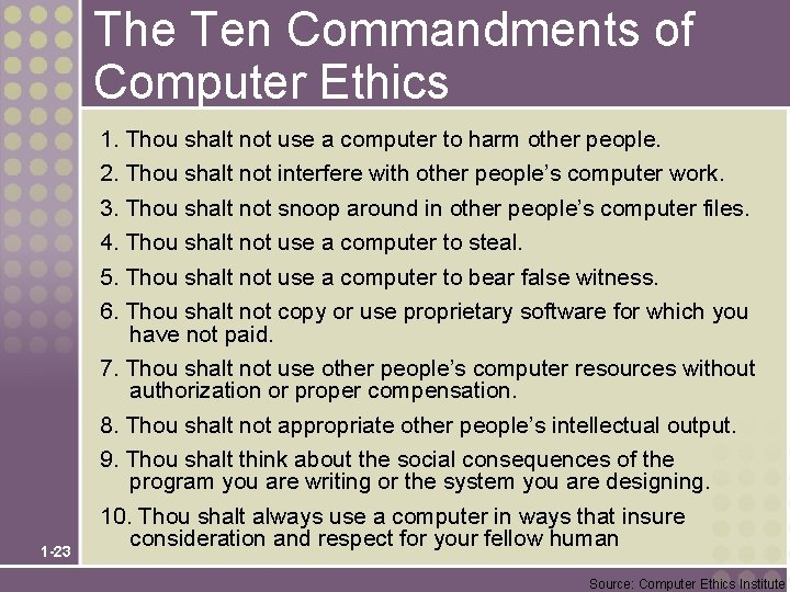 The Ten Commandments of Computer Ethics 1. Thou shalt not use a computer to