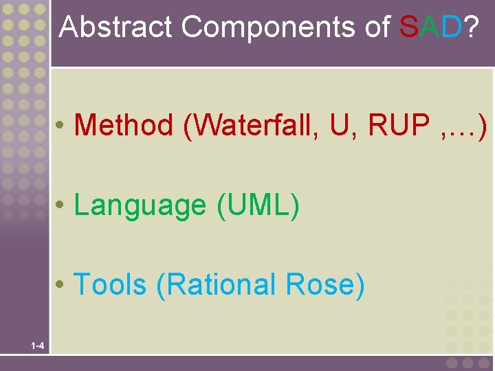 Abstract Components of SAD? • Method (Waterfall, U, RUP , …) • Language (UML)