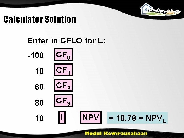 Calculator Solution Enter in CFLO for L: -100 CF 0 10 CF 1 60