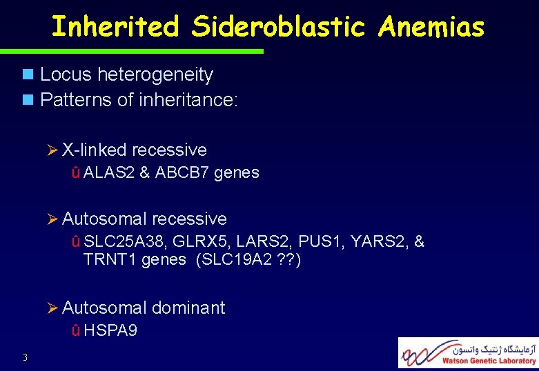 Inherited Sideroblastic Anemias n Locus heterogeneity n Patterns of inheritance: Ø X-linked recessive û