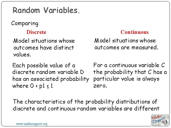 Random Variables. Comparing Discrete Continuous Model situations whose outcomes have distinct values. Model situations