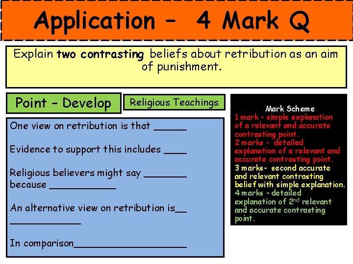Application – 4 Mark Q Explain two contrasting beliefs about retribution as an aim